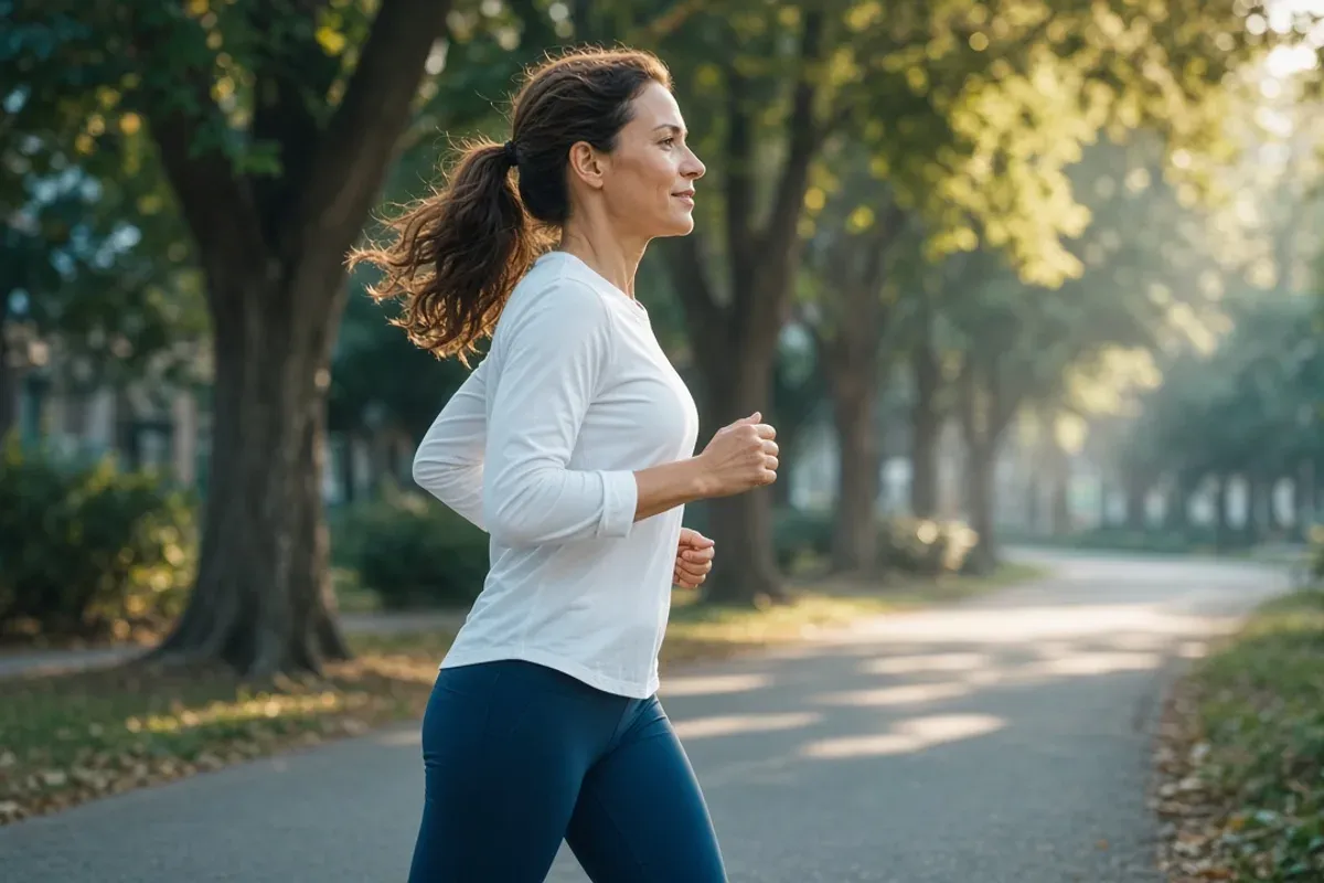 Adult brisk-walking on a tree-lined neighborhood path in afternoon light.
