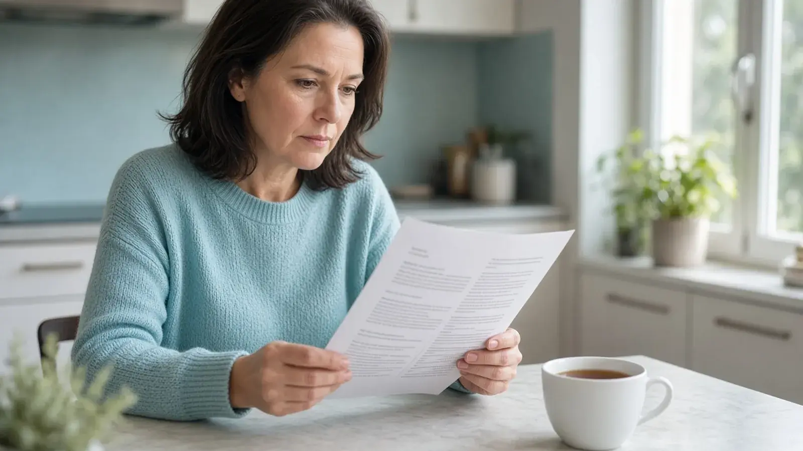 Adult reading a medication information sheet at a kitchen table.
