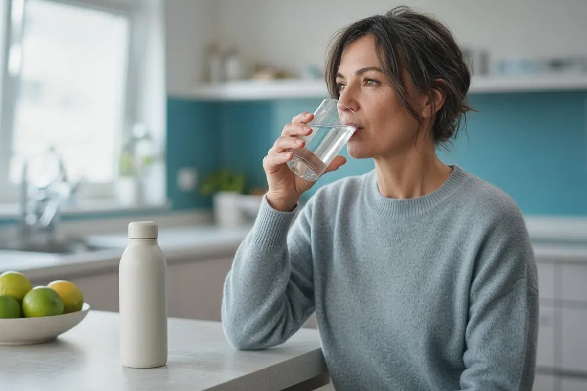 Adult sipping a glass of water in a bright kitchen between meals.