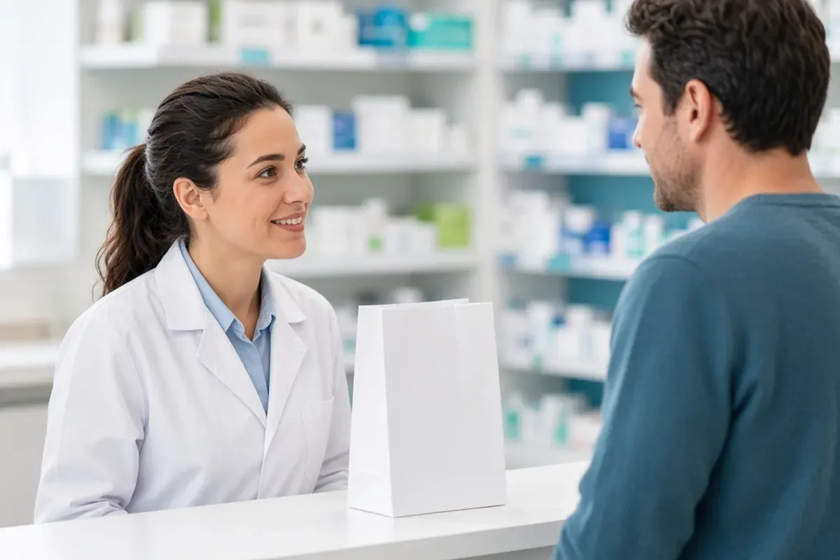 Adult talking with a pharmacist about a weekly medication.