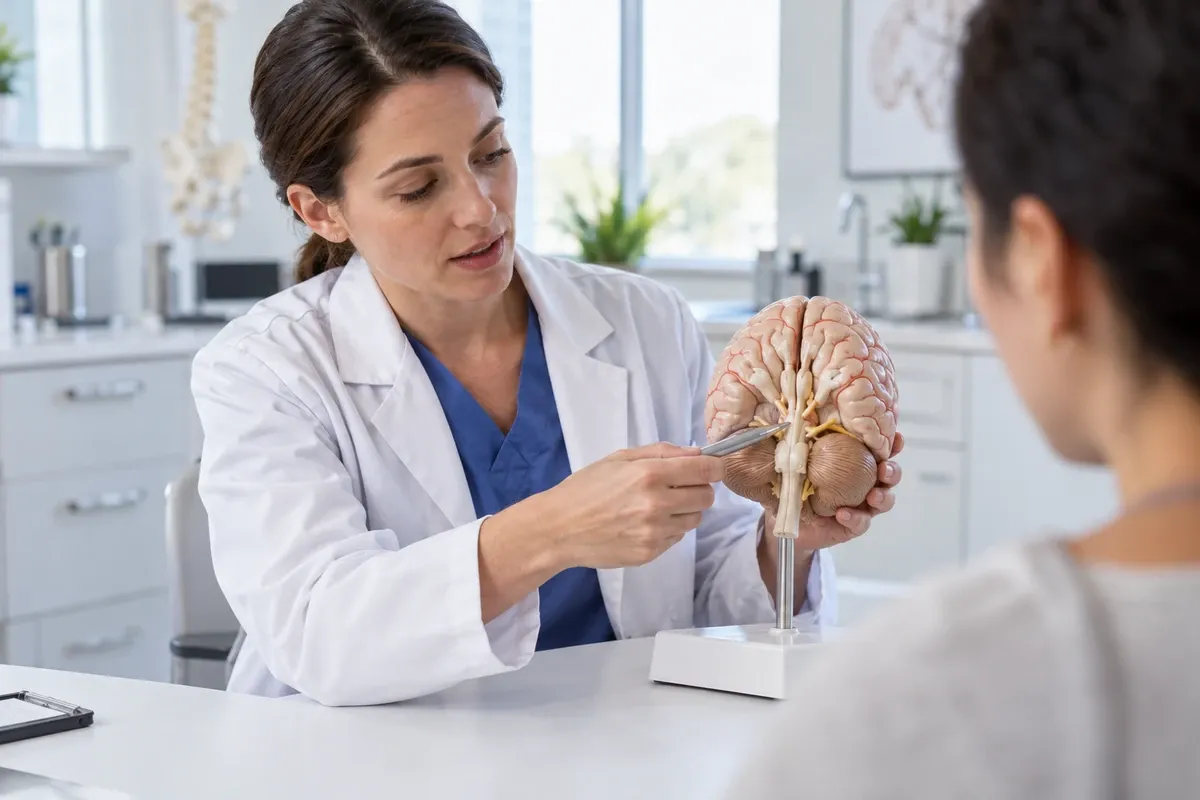 Clinician pointing to the base of a plastic brain model, where appetite-regulating regions sit.