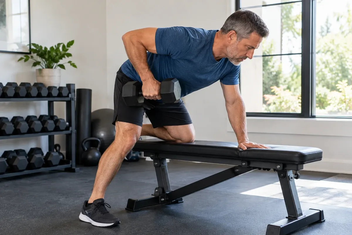 Middle-aged man doing a one-arm dumbbell row in a bright home gym.