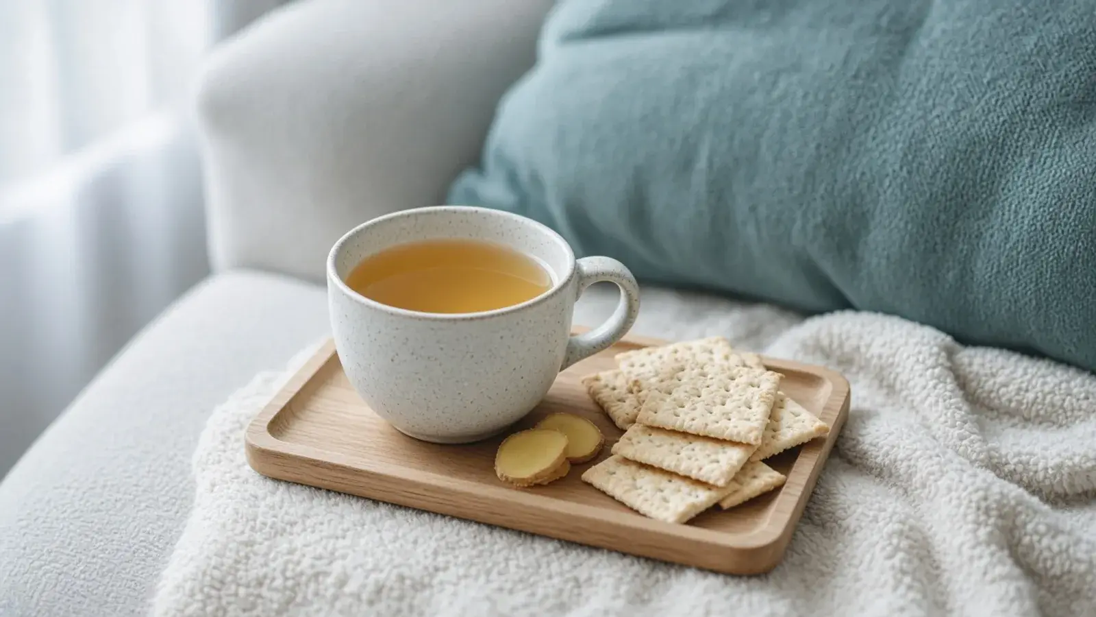 Person with ginger tea and crackers on a sofa.