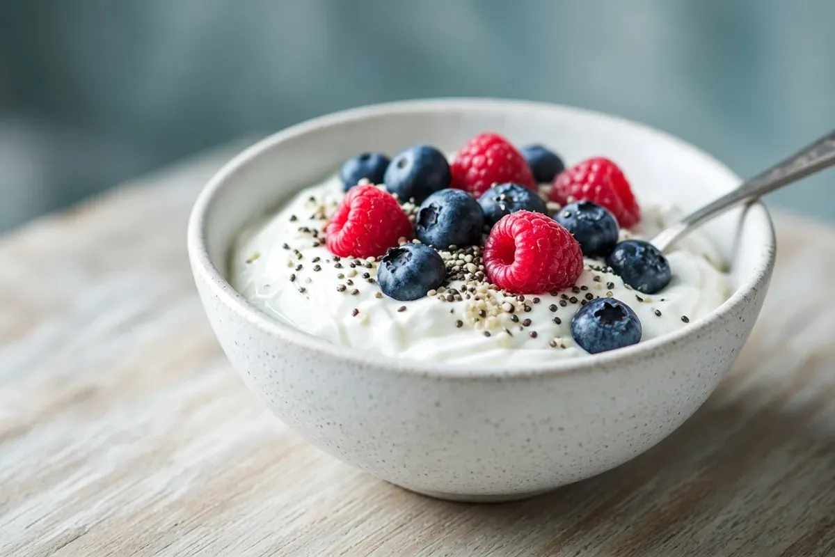 Bowl of plain Greek yogurt topped with berries and seeds on a kitchen counter.
