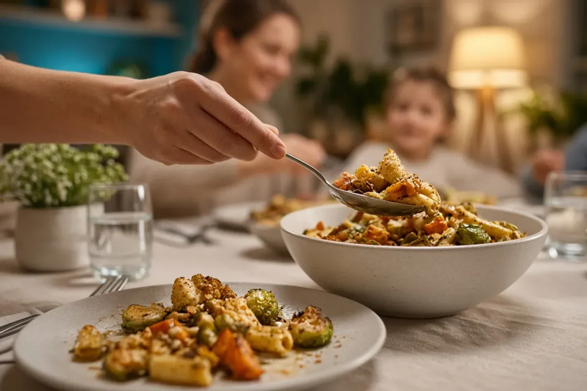 Hand reaching for a second helping of food at a family dinner table.