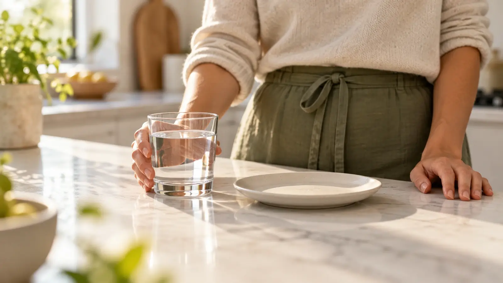 Hands resting on a kitchen counter beside a glass of water and an empty plate.