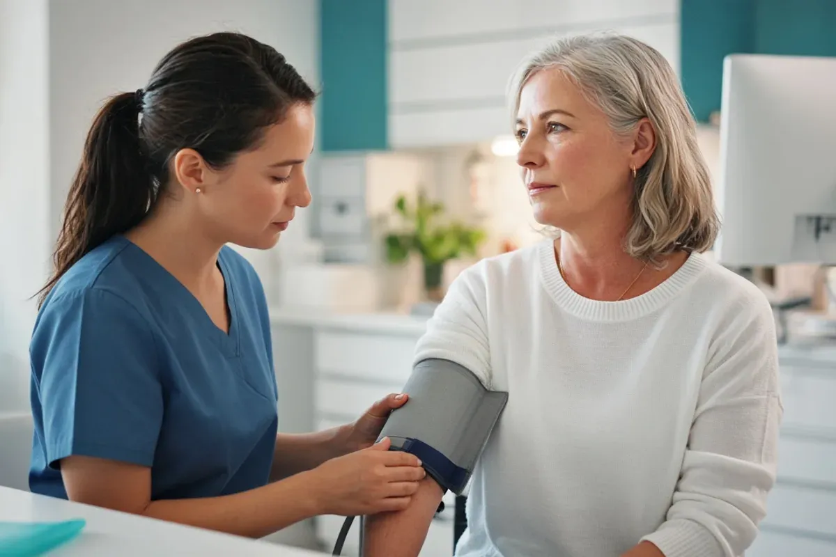 Nurse checking a woman’s blood pressure at a clinic visit.