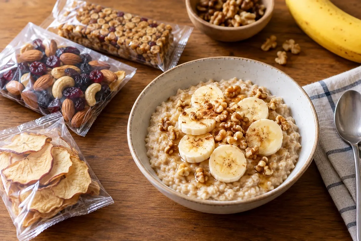 Packaged snacks of trail mix, dried apple slices and a granola bar next to a bowl of oatmeal topped with banana and walnuts, illustrating food quality and calories.
