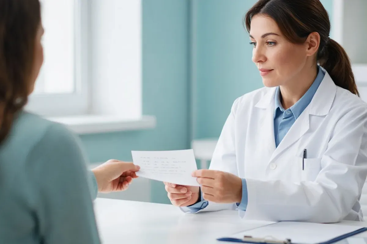 Patient handing a handwritten medication list to a doctor during a checkup.