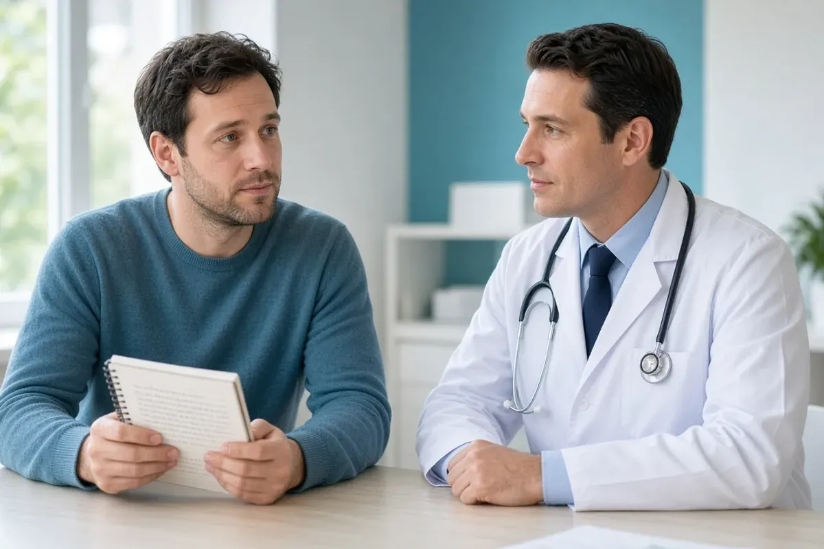 Patient going over their health history with a doctor before starting treatment.