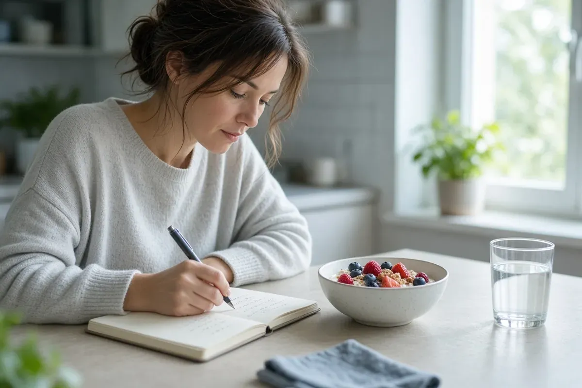 Person logging meals in a notebook beside a bowl of yogurt at the table.
