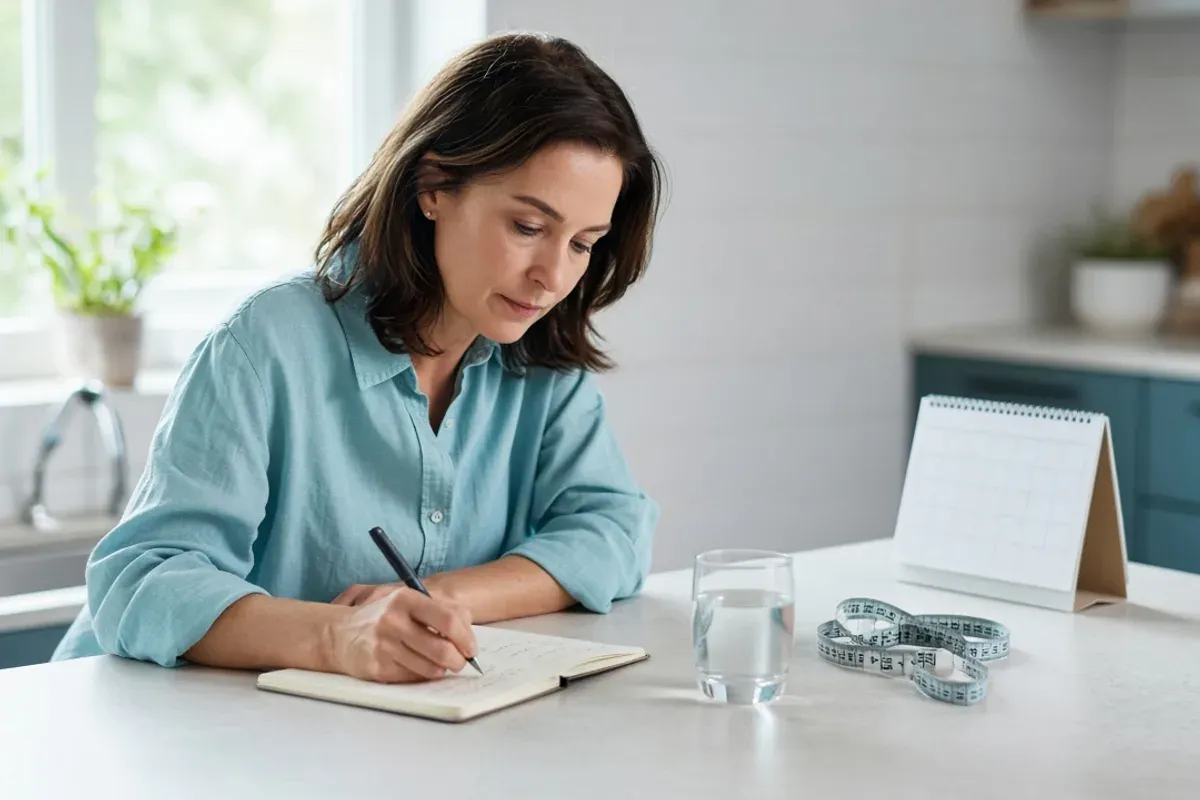 Person noting their weekly weight trend in a notebook beside a glass of water.