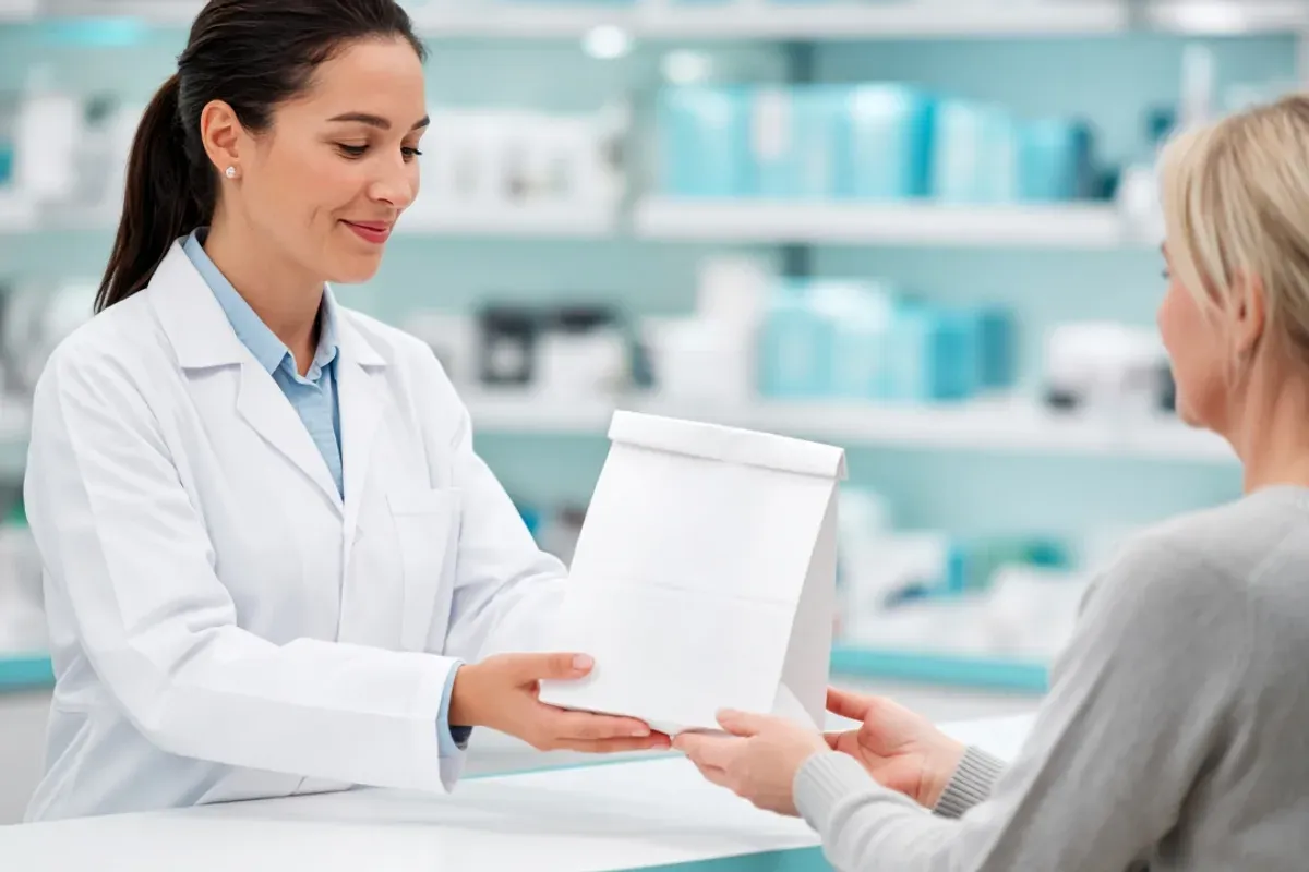 Pharmacist handing a prescription bag to a customer at the pharmacy counter.