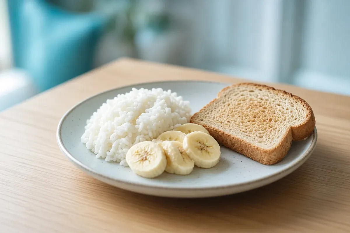 Small bland meal of rice, banana and toast.