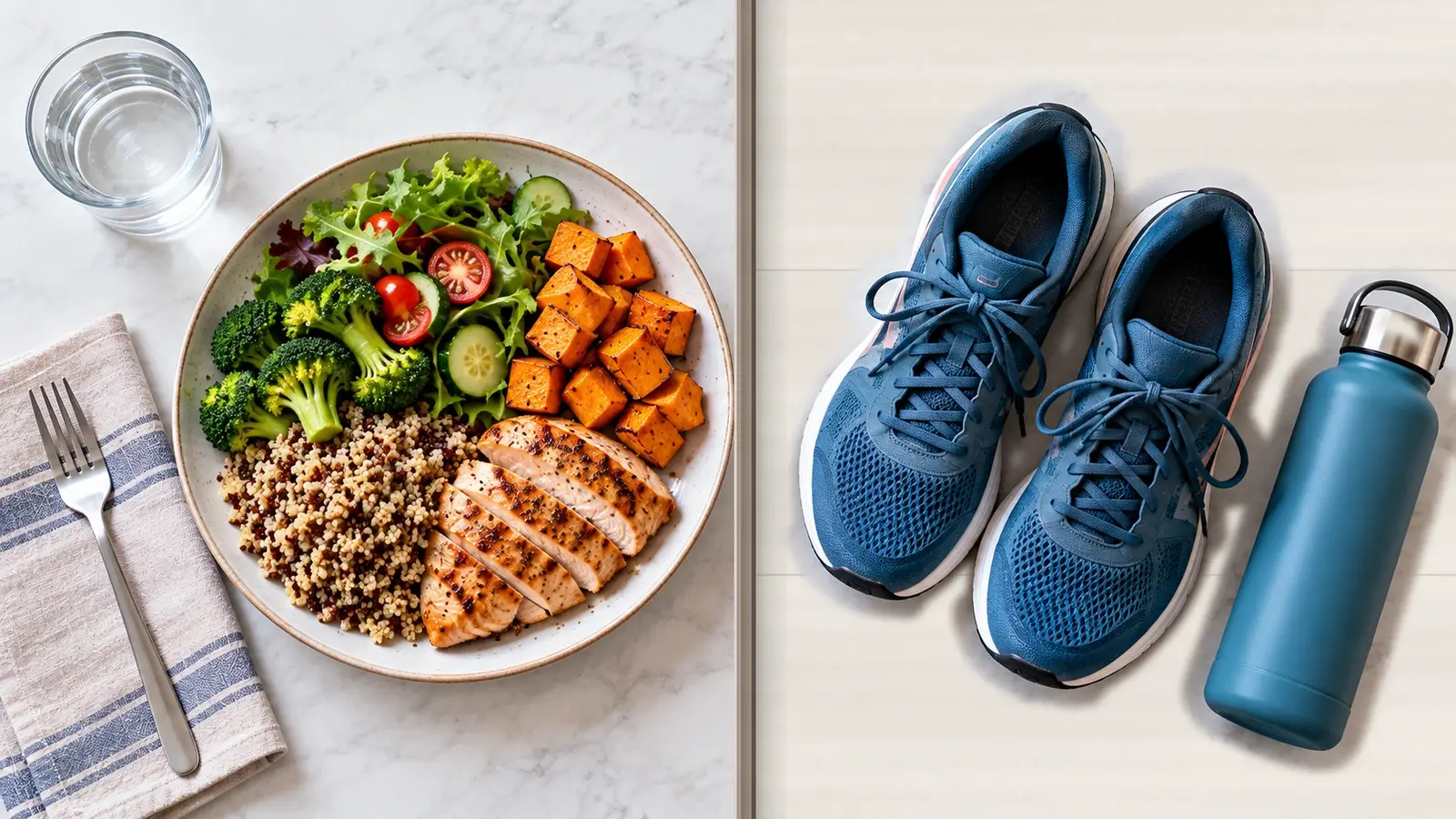 Whole-food plate of chicken, quinoa, broccoli and sweet potato beside running shoes and a water bottle.