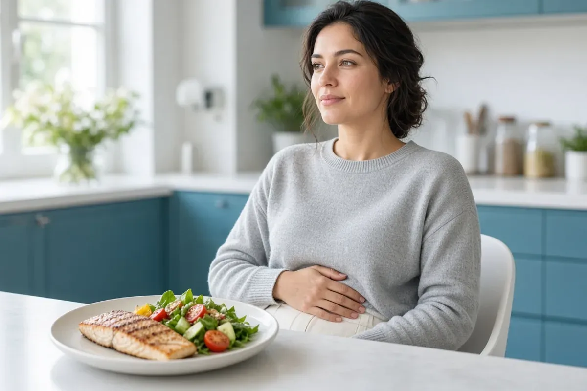 Woman at a table feeling full after a small meal.